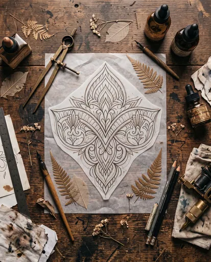 Ornamental Tattoo Stencil on Wooden Workbench