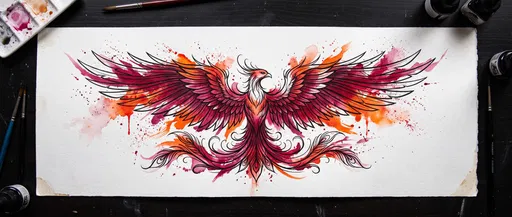 Watercolor Phoenix Tattoo Flash Illustration