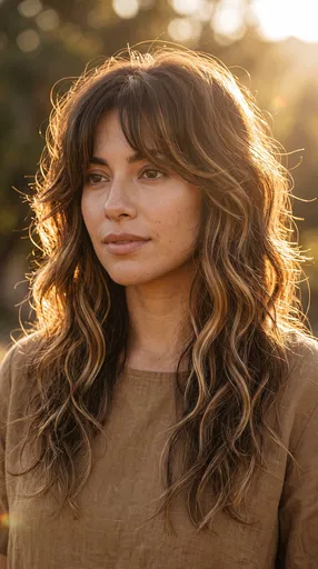 Woman With Long Wavy Wolf Cut Outdoors