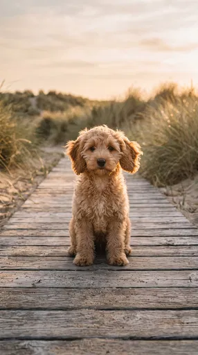Apricot Cockapoo Puppy on Beach Boardwalk