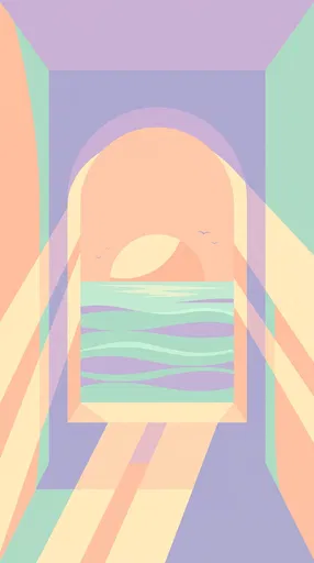 Pastel Arched Window Ocean Sunrise Illustration