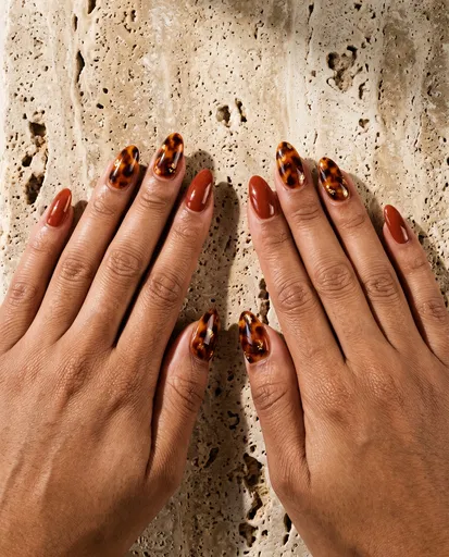 Tortoiseshell and Terracotta Gel Manicure on Travertine