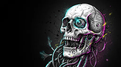 Neon Cyberpunk Skull Digital Ink Illustration