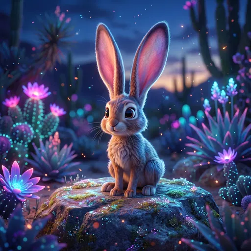 Stylized 3D Jackrabbit in Bioluminescent Desert