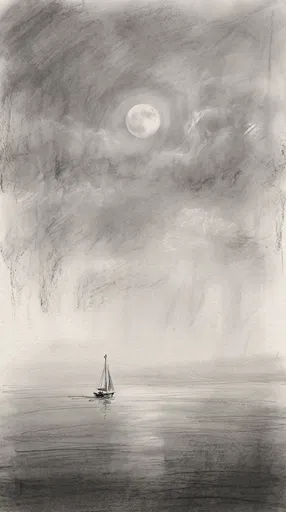 Charcoal Sketch of Sailboat Under Moon