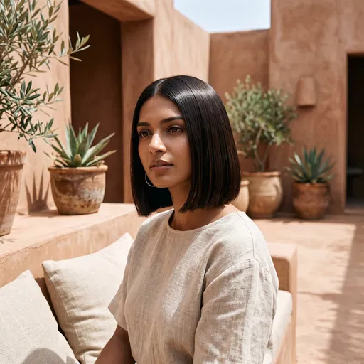 Woman With Sleek Bob in Terracotta Courtyard