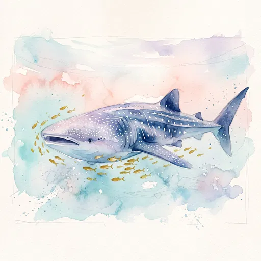 Watercolor Whale Shark and Golden Fish