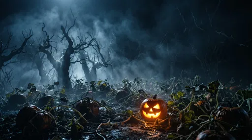 Glowing Jack-o'-lantern in Foggy Midnight Patch