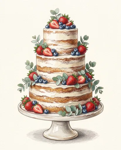 Rustic Three-Tier Berry Wedding Cake Illustration