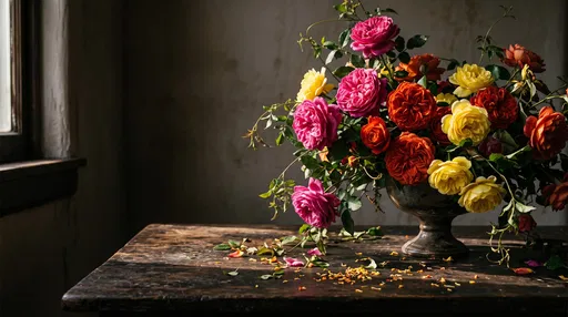 Vibrant Garden Roses on Dark Wood Table
