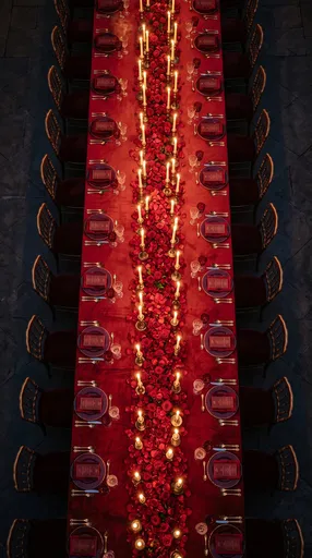 Aerial Red Velvet Banquet Table with Candles