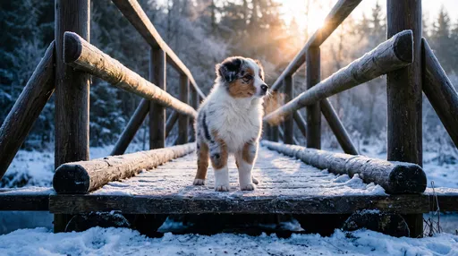 Australian Shepherd Puppy on Frosty Bridge
