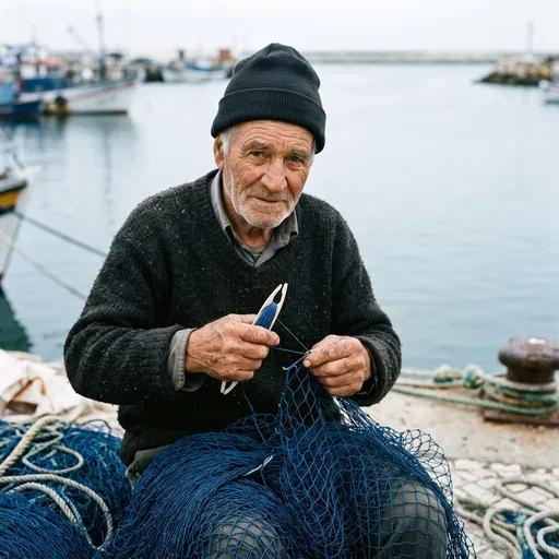 Elderly Fisherman Mending Blue Nets in Harbor