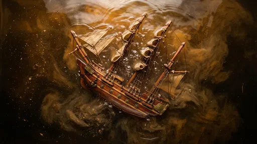Wooden Model Ship Sinking in Murky Water