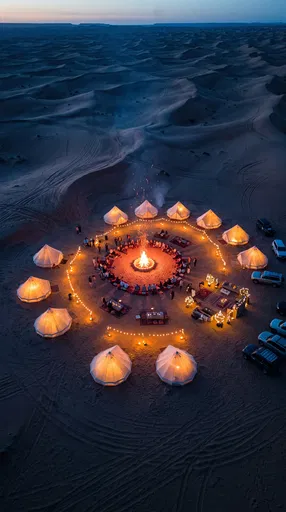 Aerial Desert Glamping Campfire at Twilight