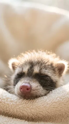 Sleeping Newborn Raccoon on Cream Blanket