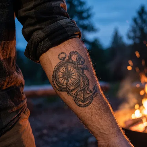 Man's Forearm with Compass Tattoo by Campfire