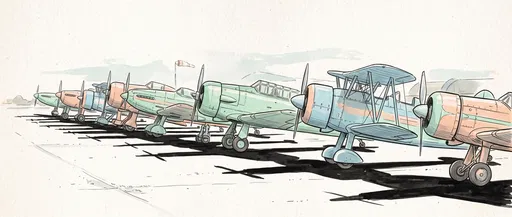 Pastel Vintage Propeller Airplanes Lineup Illustration