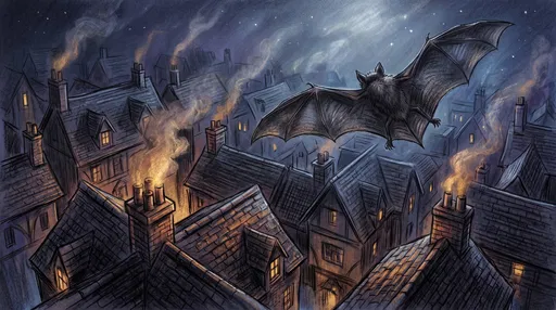 Bat Gliding Over Nighttime Rooftops Illustration