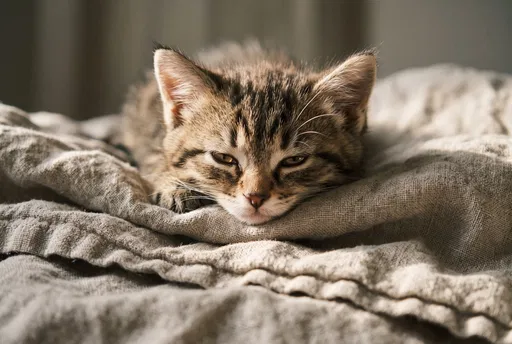 Sleepy Brown Tabby Kitten on Linen