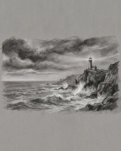 Charcoal Drawing of Lighthouse on Stormy Cliffs