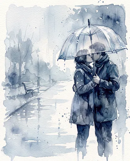 Watercolor Couple Kissing Under Umbrella