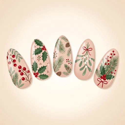 Festive Botanical Christmas Nail Art Illustration