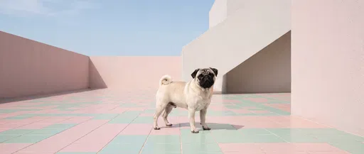 Pug Standing on Pastel Minimalist Terrace
