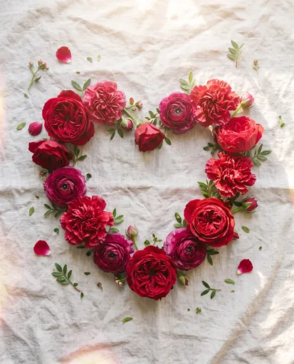Red and Magenta Floral Heart Flat Lay