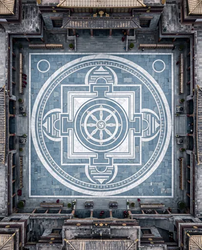 Aerial View of Monastery Mandala Courtyard