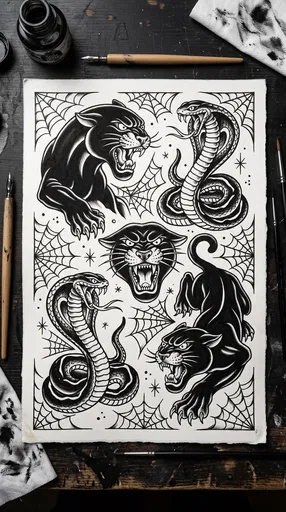 Traditional Blackwork Panther and Cobra Tattoo Flash