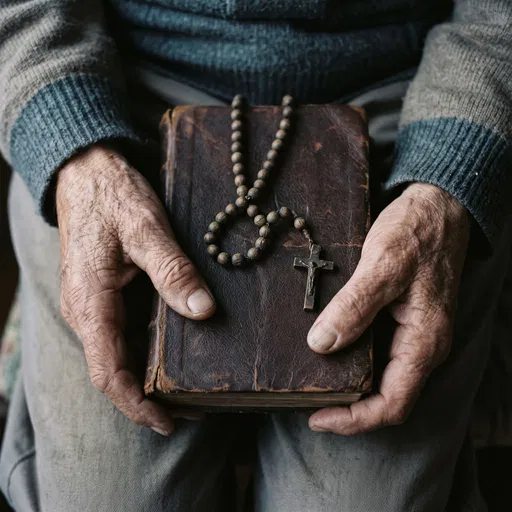 Elderly Hands Holding Bible and Rosary