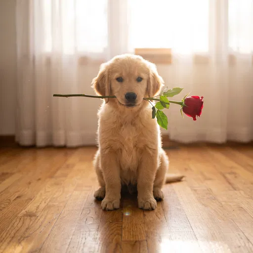 Golden Retriever Puppy Holding Red Rose