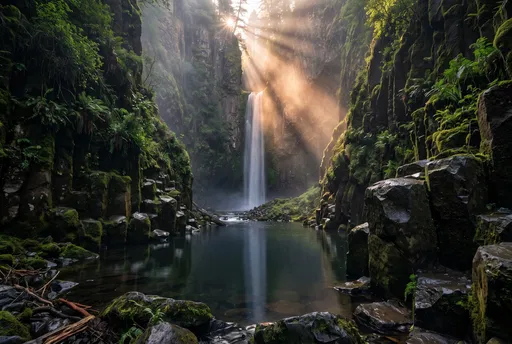 Sunbeams Over Mossy Canyon Waterfall Pool
