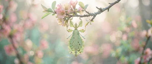 Green Leaf Insect on Blossoming Branch