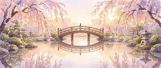 Watercolor Japanese Garden Bridge in Spring