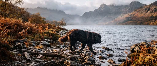 Newfoundland Dog on Autumn Lakeshore