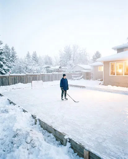 Teenager on Snowy Backyard Rink