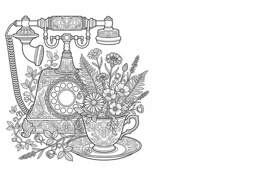 Ornate Vintage Telephone and Floral Teacup Line Art