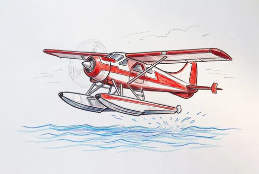 Red and White Seaplane Colored Pencil Drawing