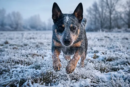 Blue Heeler Running in Frosty Meadow