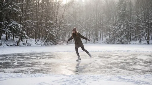 Teenage Girl Ice Skating on Frozen Pond