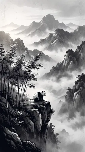 Panda on Cliff Overlooking Misty Mountains