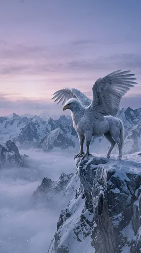 White Hippogriff on Snowy Mountain Cliff