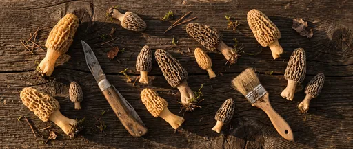 Foraged Morel Mushrooms on Barn Wood