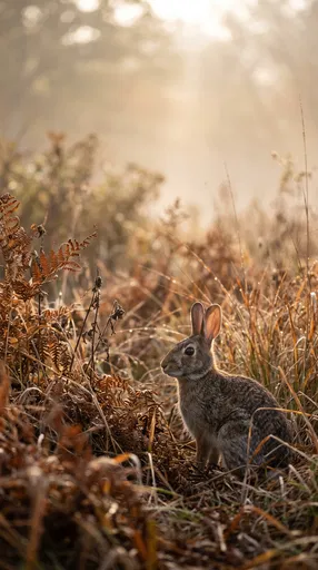 Wild Rabbit in Misty Autumn Meadow