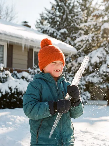 Child Holding Large Icicle in Snow