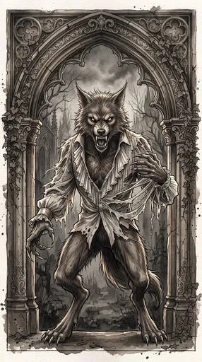 Gothic Watercolor Werewolf in Stone Archway