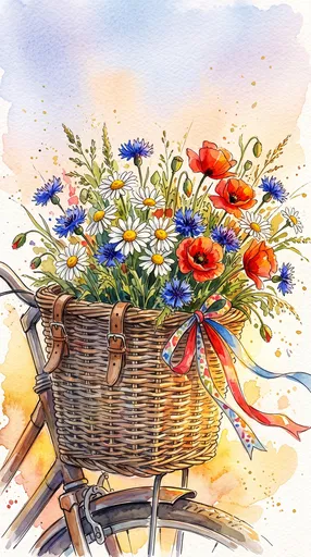 Watercolor Bicycle Basket With Summer Wildflowers