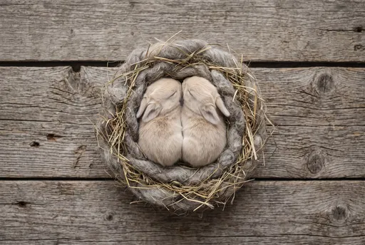Two Sleeping Bunnies in Cozy Nest